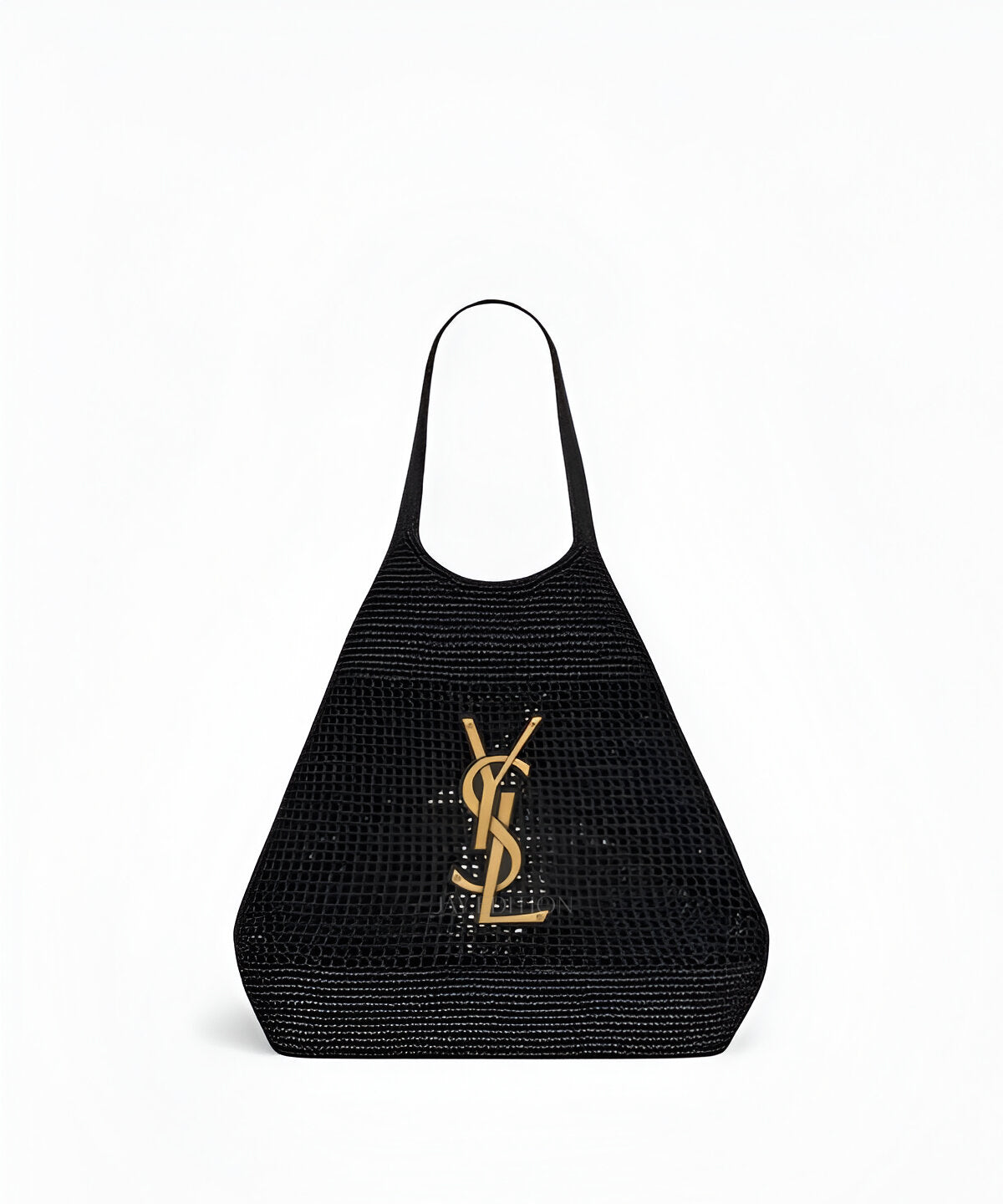 생로랑 이카레 라피아 백 내추럴 라피아 위빙 디자인 블랙 YSL 로고 패치 부드러운 쉐입 숄더 또는 토트 스타일