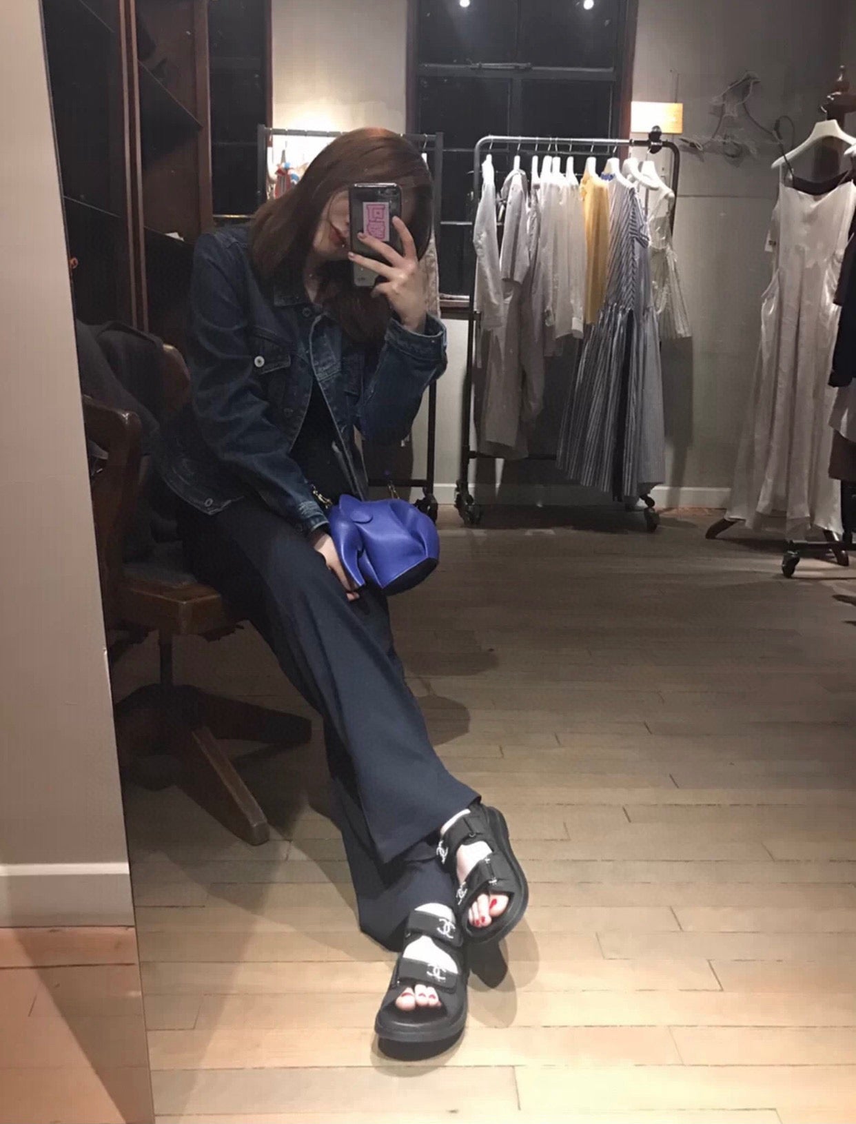 C 큐빅 CC로고 벨크로 샌들 패브릭