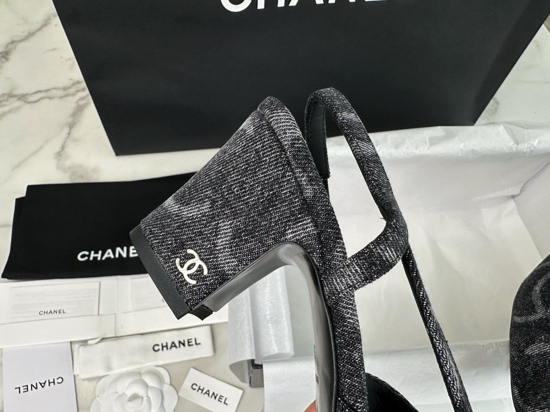 C 데님 슬링백 미드힐