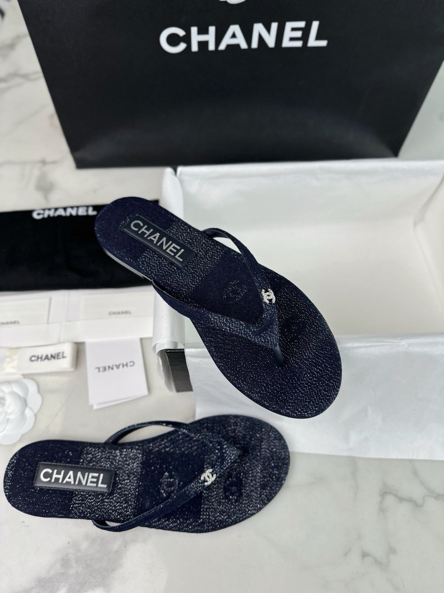 C CC 로고 데님 플립플랍