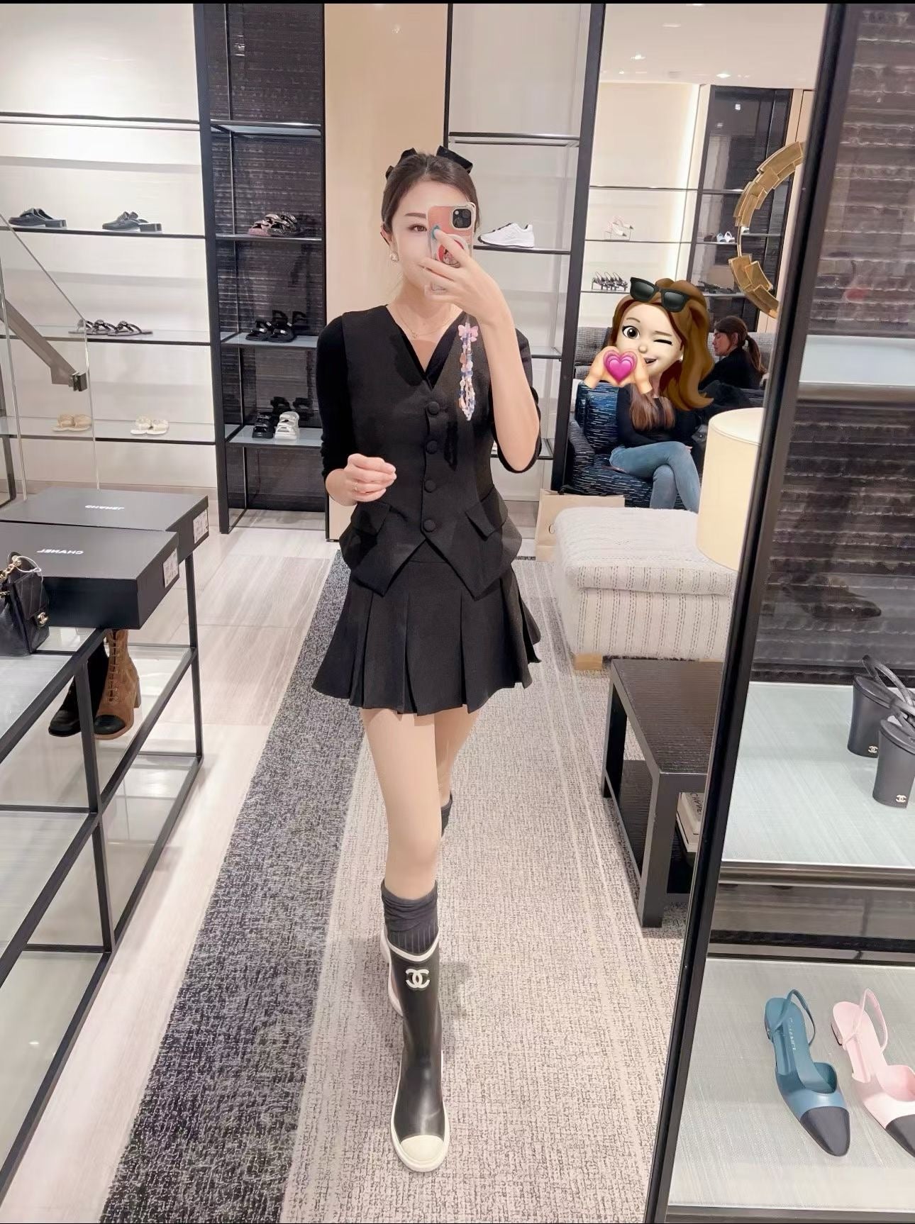 C CC 로고 블랙 앤 화이트 뉴 러버 레인 부츠