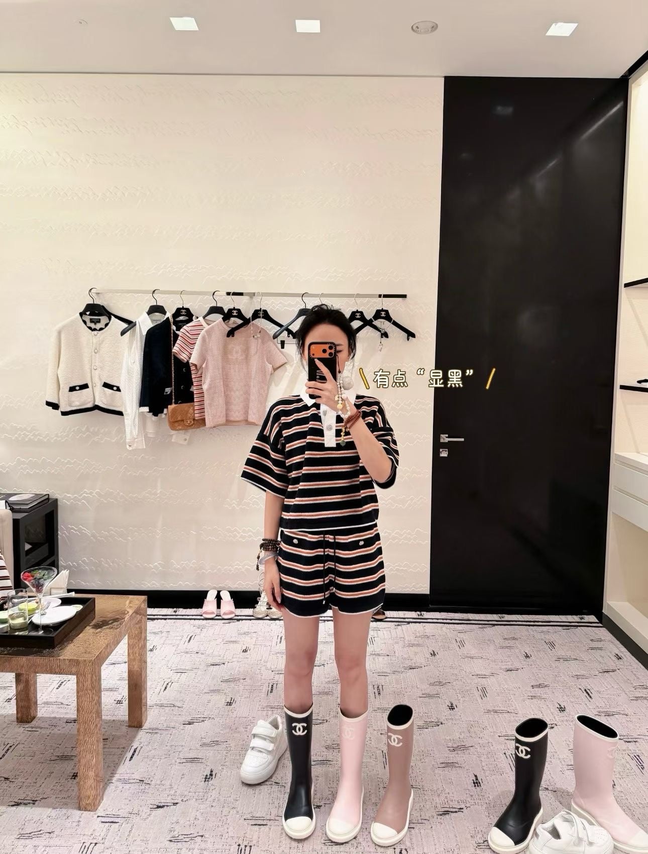 C CC 로고 블랙 앤 화이트 뉴 러버 레인 부츠