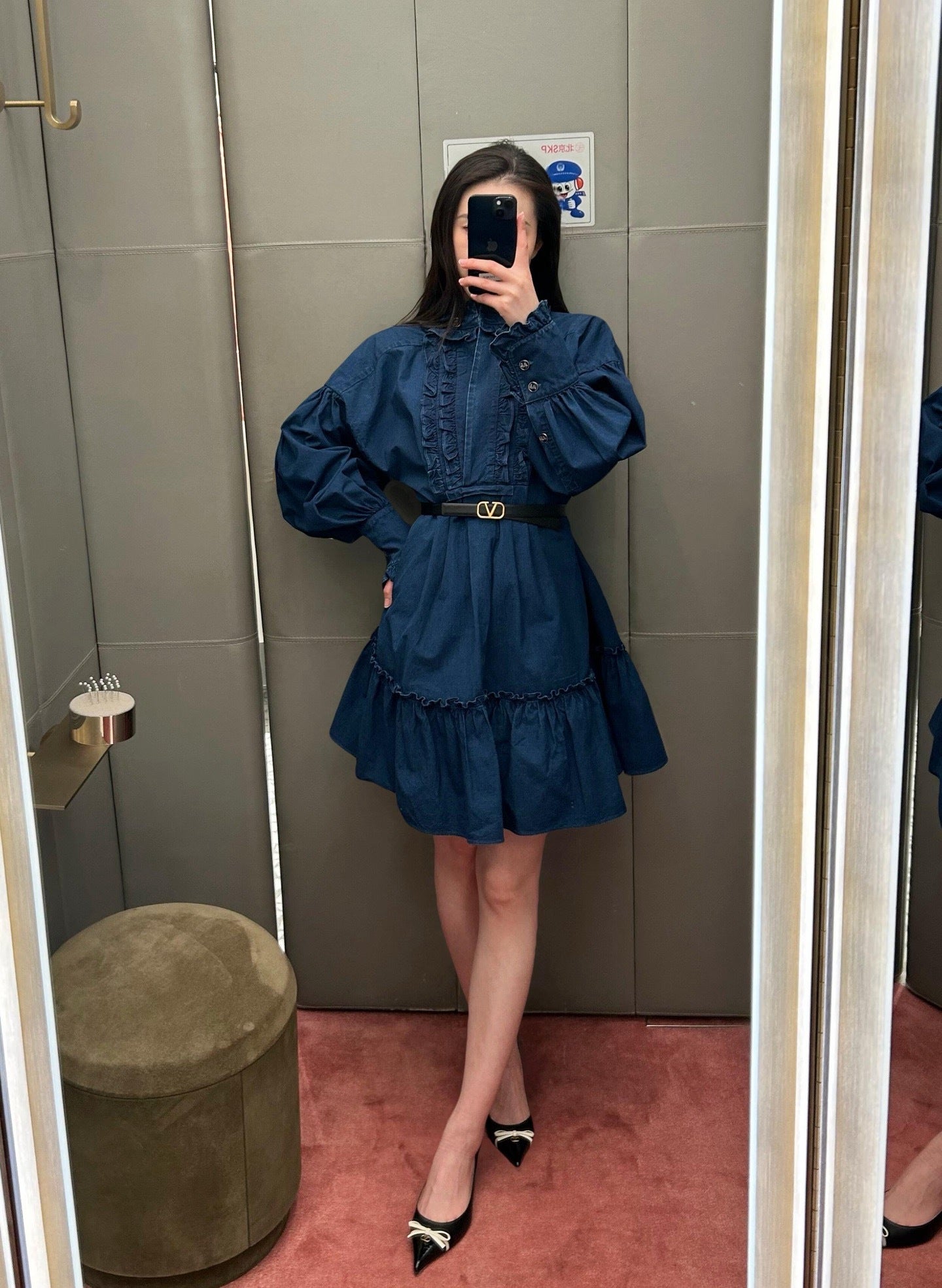 발렌티노 콘트라스트 보우 발레리나 플랫