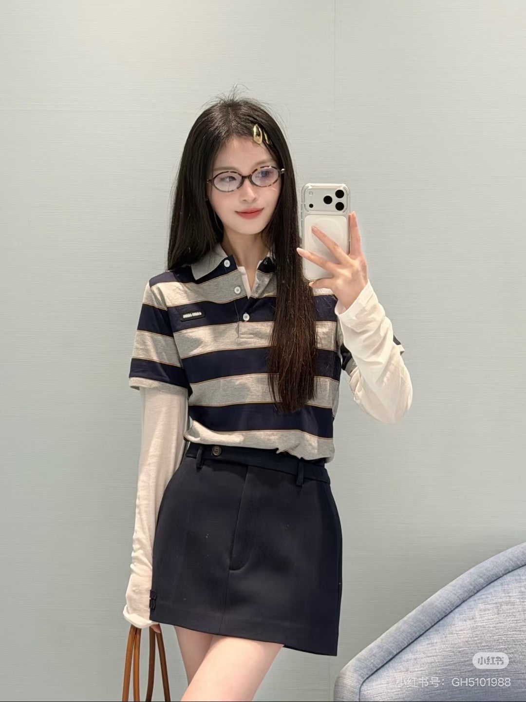 미우미우 스트라이프 저지 폴로 셔츠