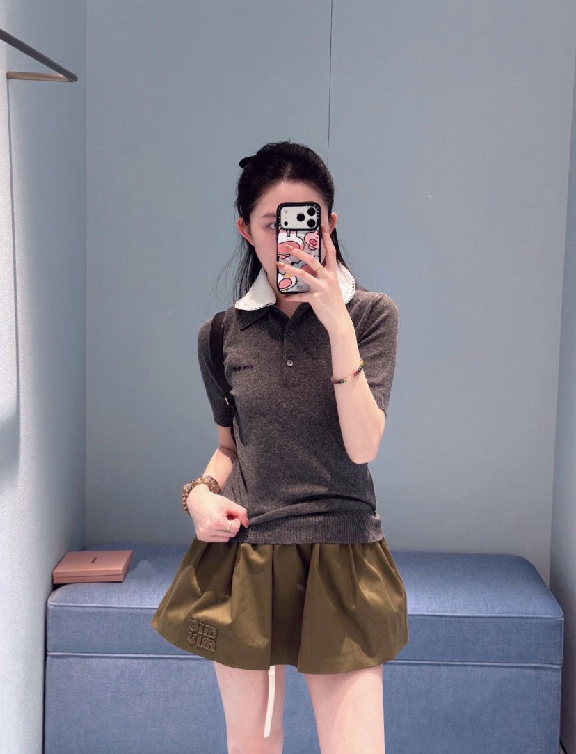 미우미우 자수 포플린 칼라 캐시미어 폴로
