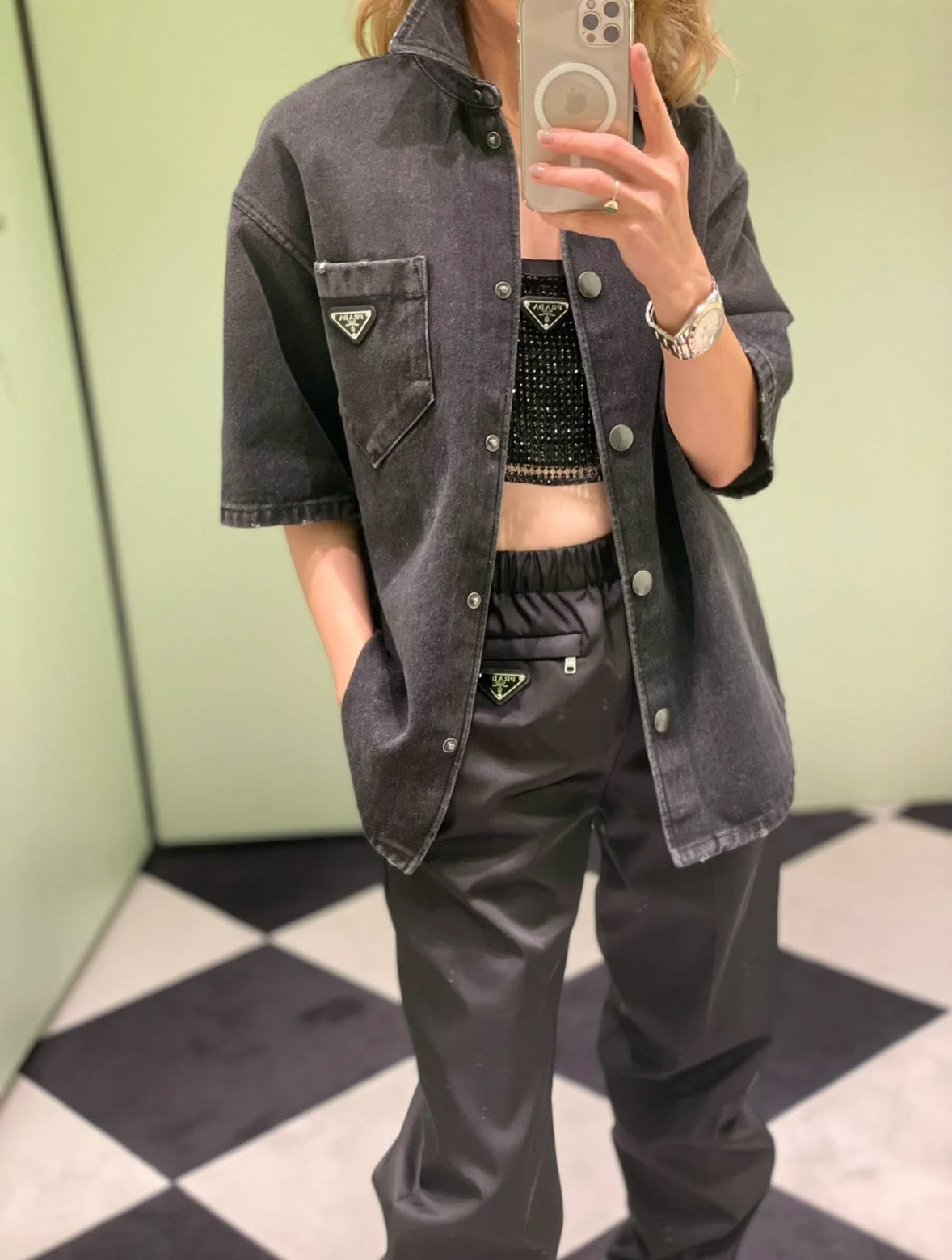 프라다 반팔 데님 셔츠