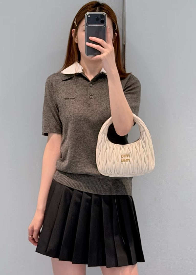 미우미우 자수 포플린 칼라 캐시미어 폴로 슬레이트 그레이
