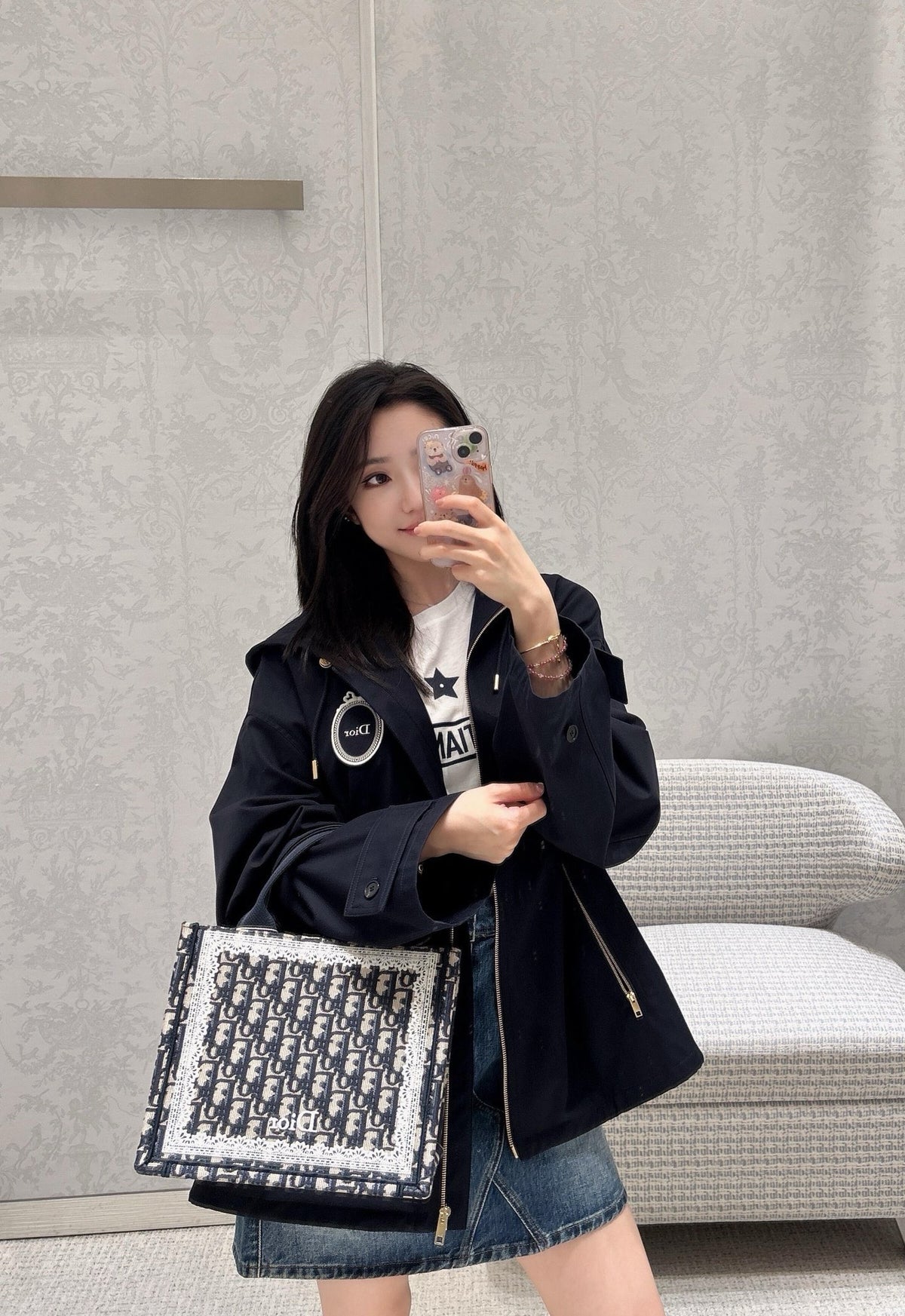 디올 오블리크 레이스 북 토트 스트랩 백 블루&화이트 스몰, 미디움