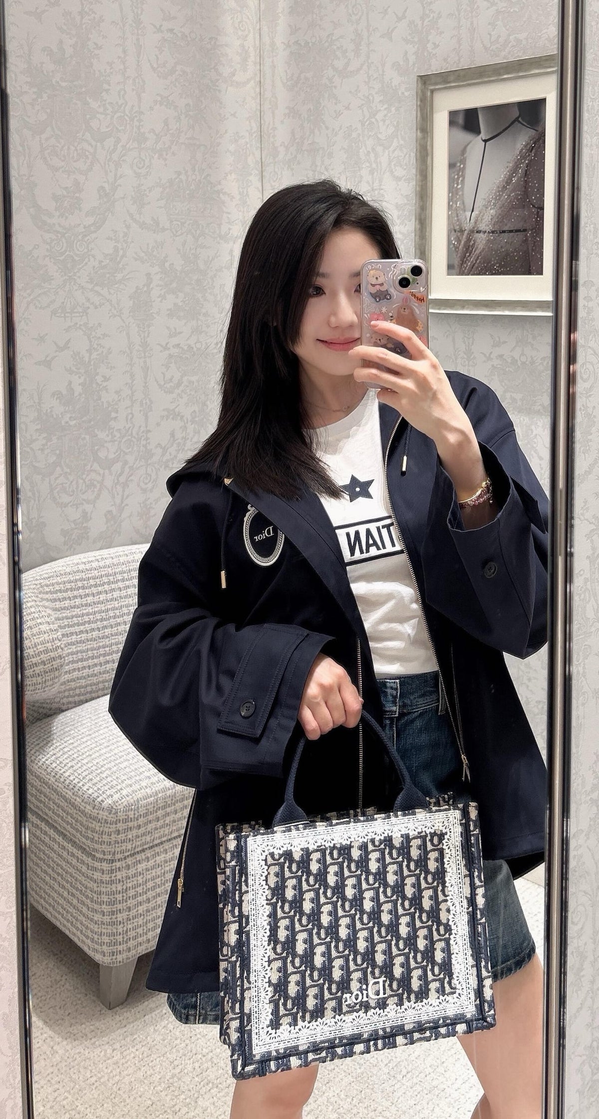 디올 오블리크 레이스 북 토트 스트랩 백 블루&화이트 스몰, 미디움