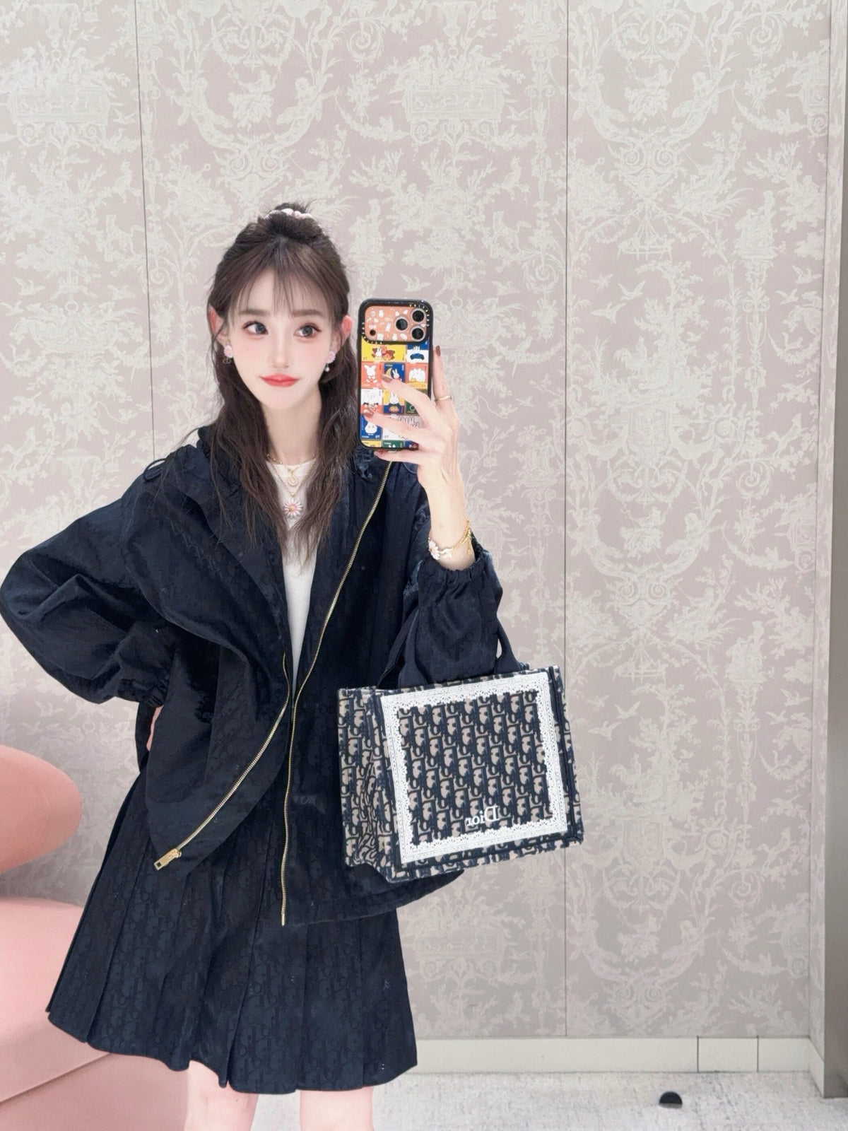 디올 오블리크 레이스 북 토트 스트랩 백 블루&화이트 스몰, 미디움
