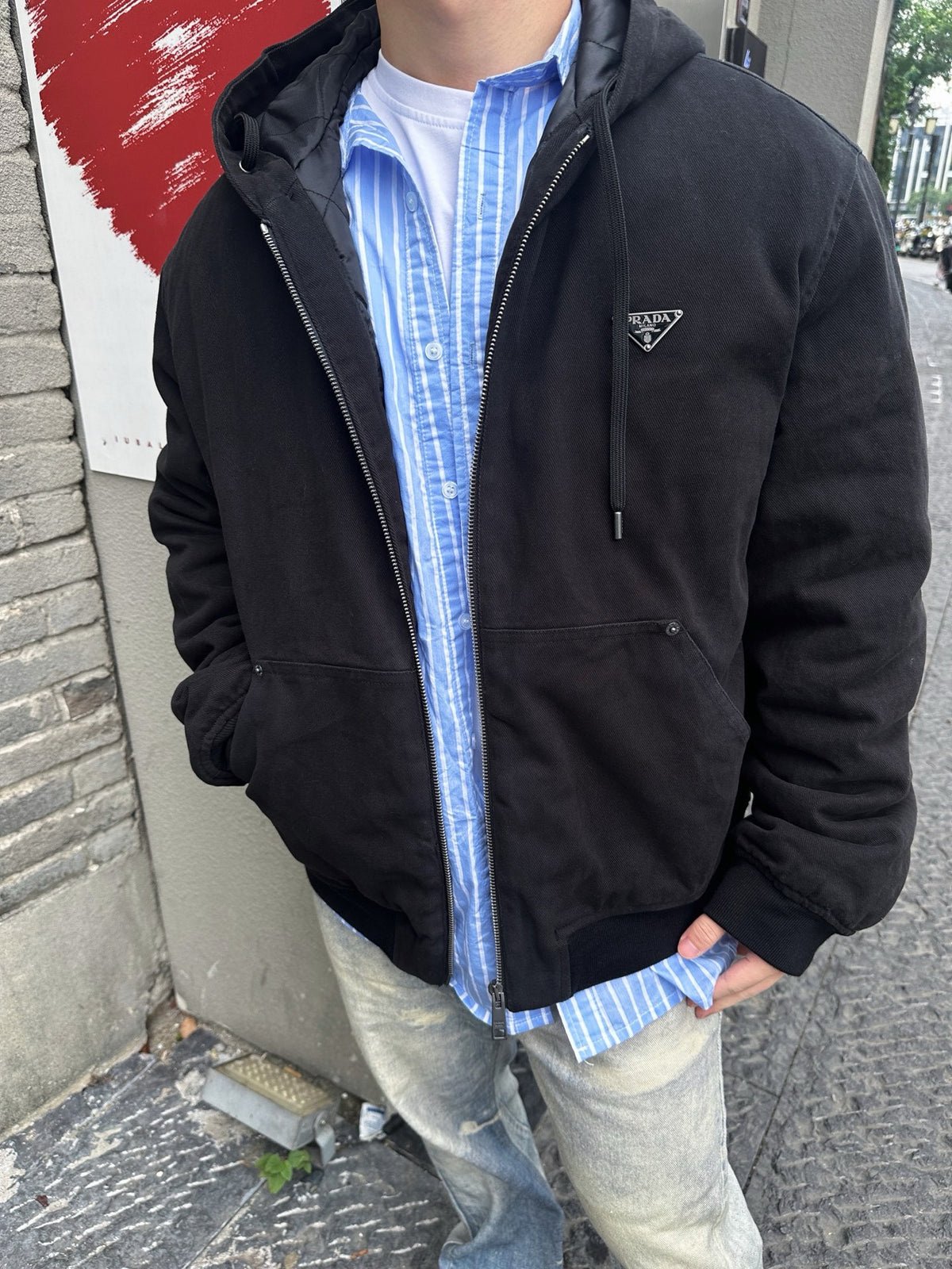 프라다 삼각 로고 데님 후드 자켓