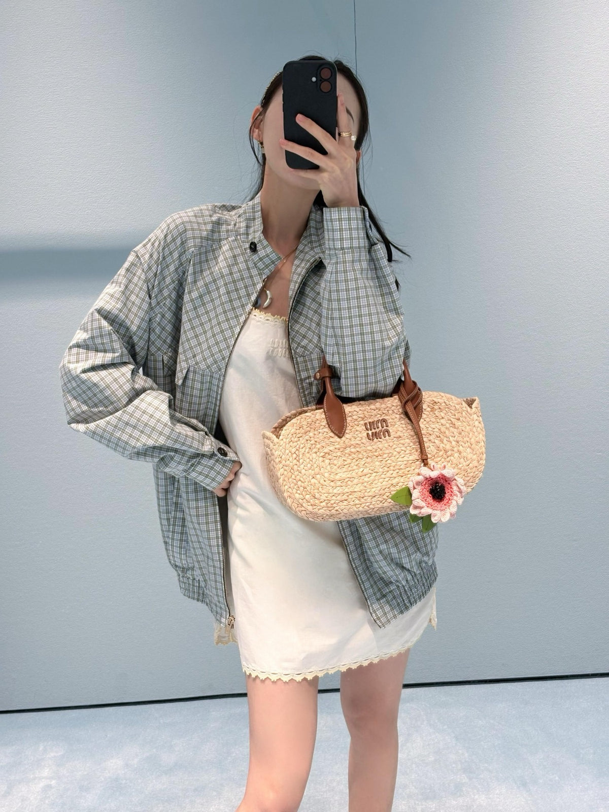미우미우 체크 테크니컬 패브릭 블루종 자켓