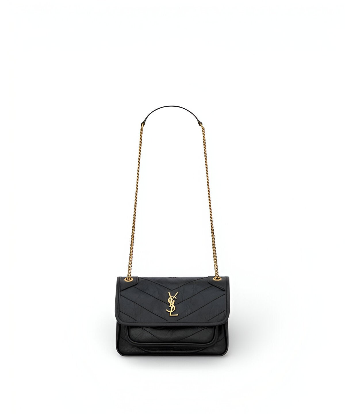 생로랑 니키백 미니 크랙 램스킨 체인 스트랩 YSL 로고 플랩 백