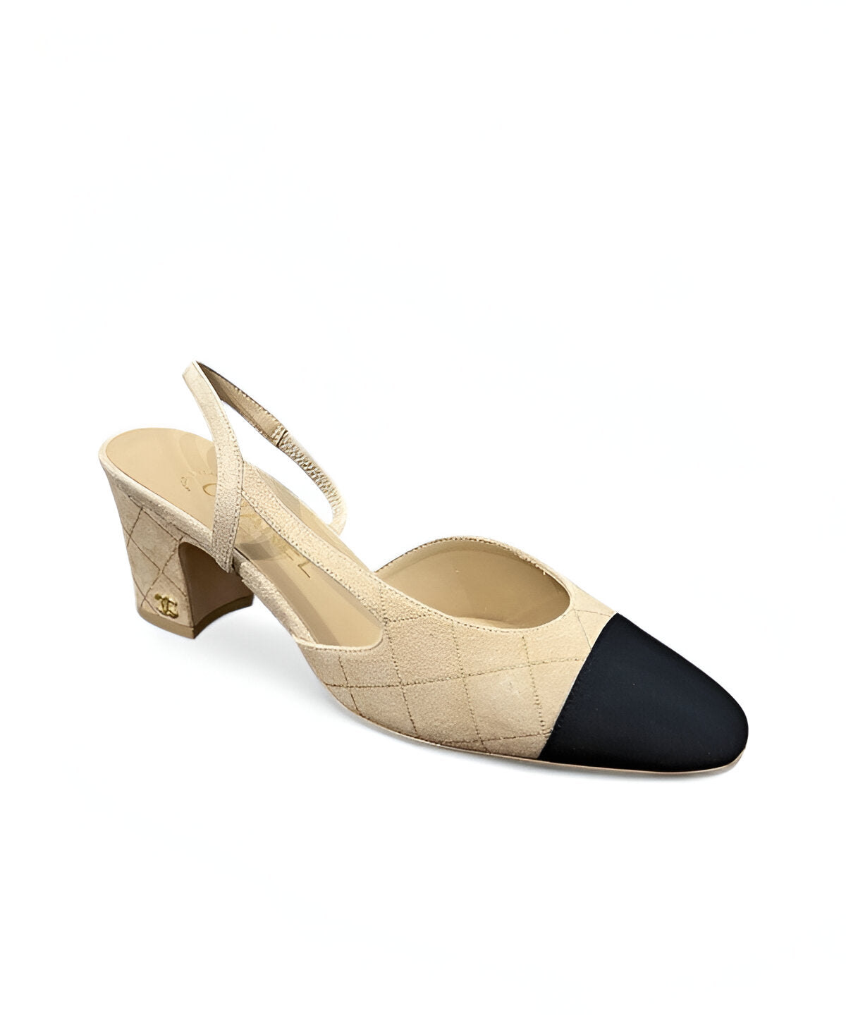 샤넬 스웨이드 통굽 슬링백 미드힐 블랙&베이지 배색 미드힐 샤넬 로고 디테일